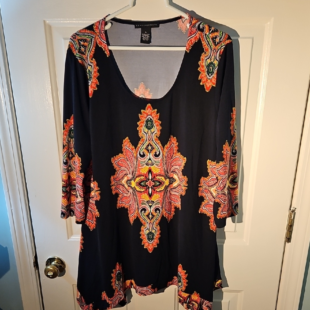 Grace Elements Black Tunic with Orange and Green Accents